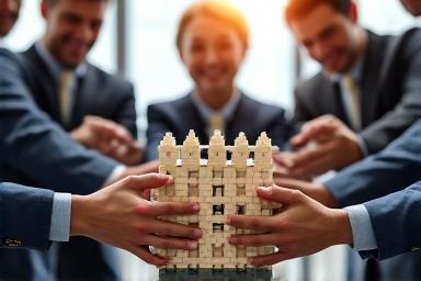 Diverse team collaboratively building a complex structure, symbolizing organizational development